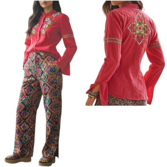 Johnny Was 3J WORKSHOP red floral embroidered button up down boho shirt top Sz S - Picture 3 of 8